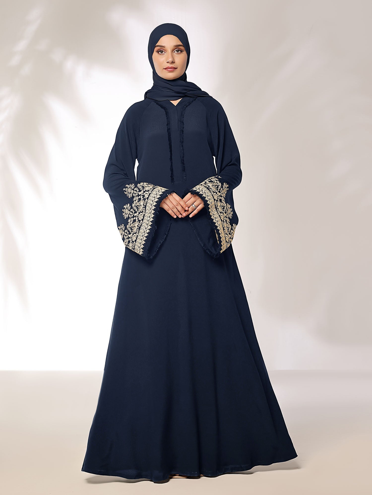 Spinzar Store - Stitched Blossoms Navy Abaya