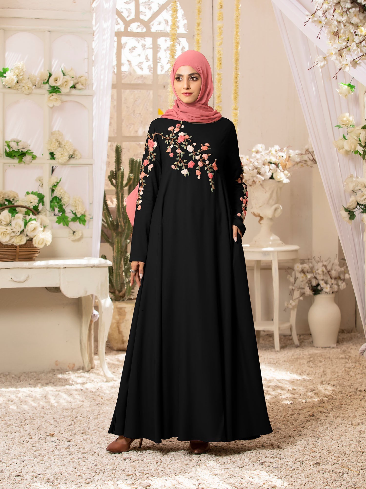 Spinzar store - Floral Cocktail Black Abaya