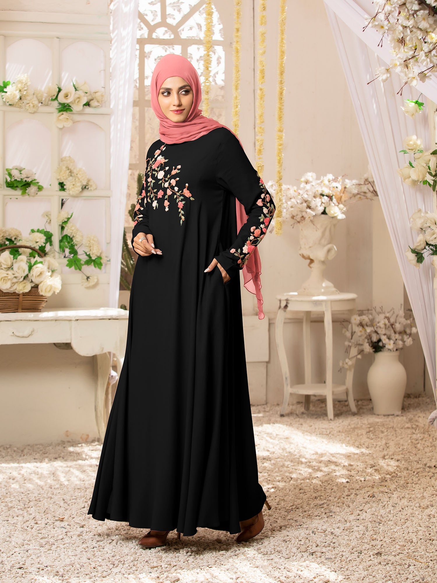 Spinzar store - Floral Cocktail Black Abaya