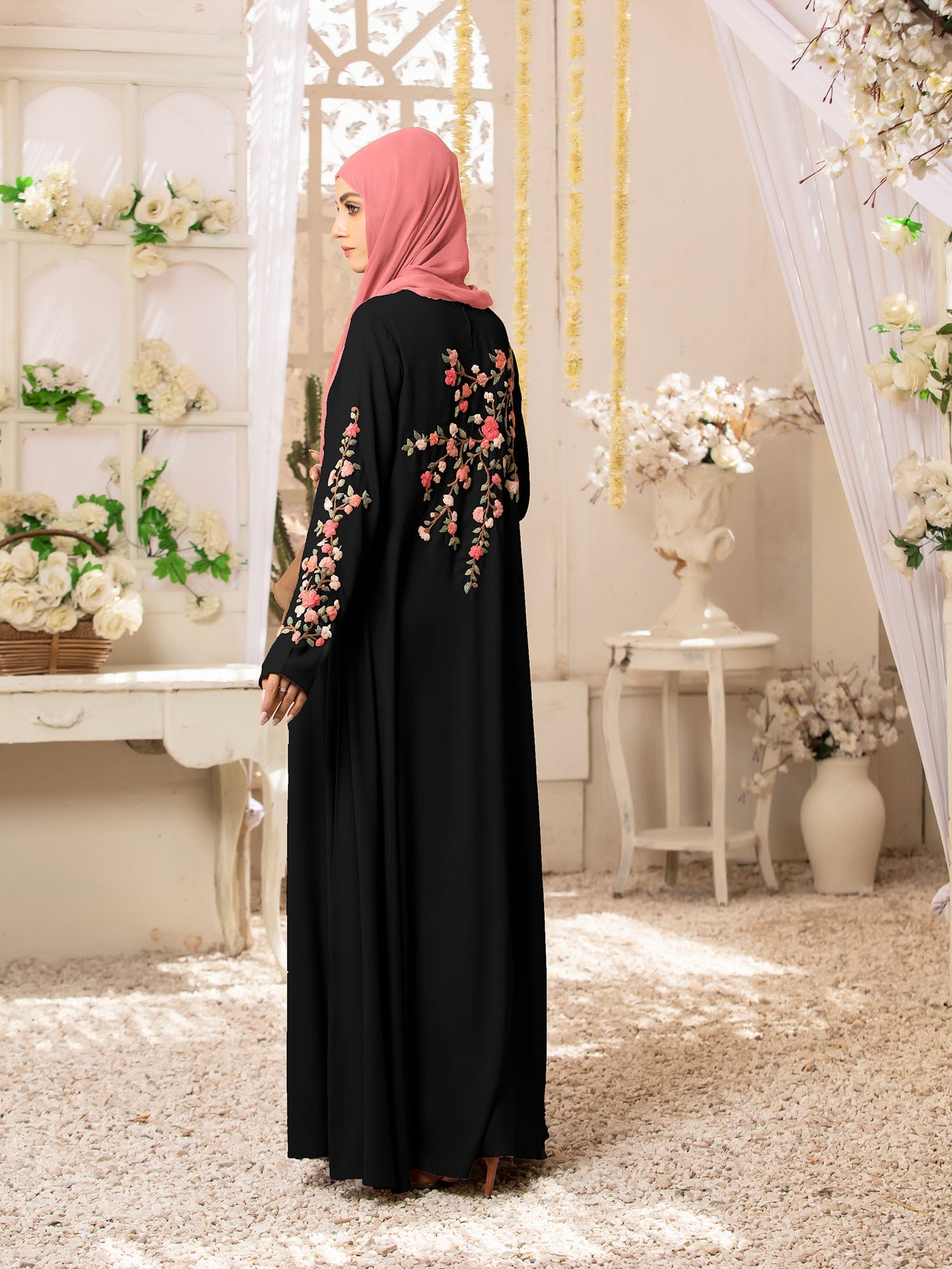 Spinzar store - Floral Cocktail Black Abaya