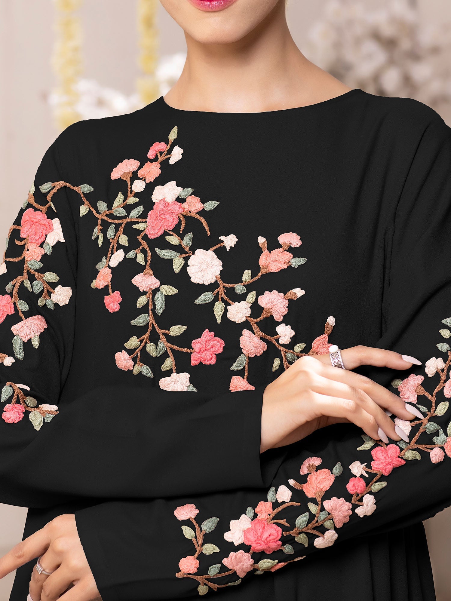 Spinzar store - Floral Cocktail Black Abaya