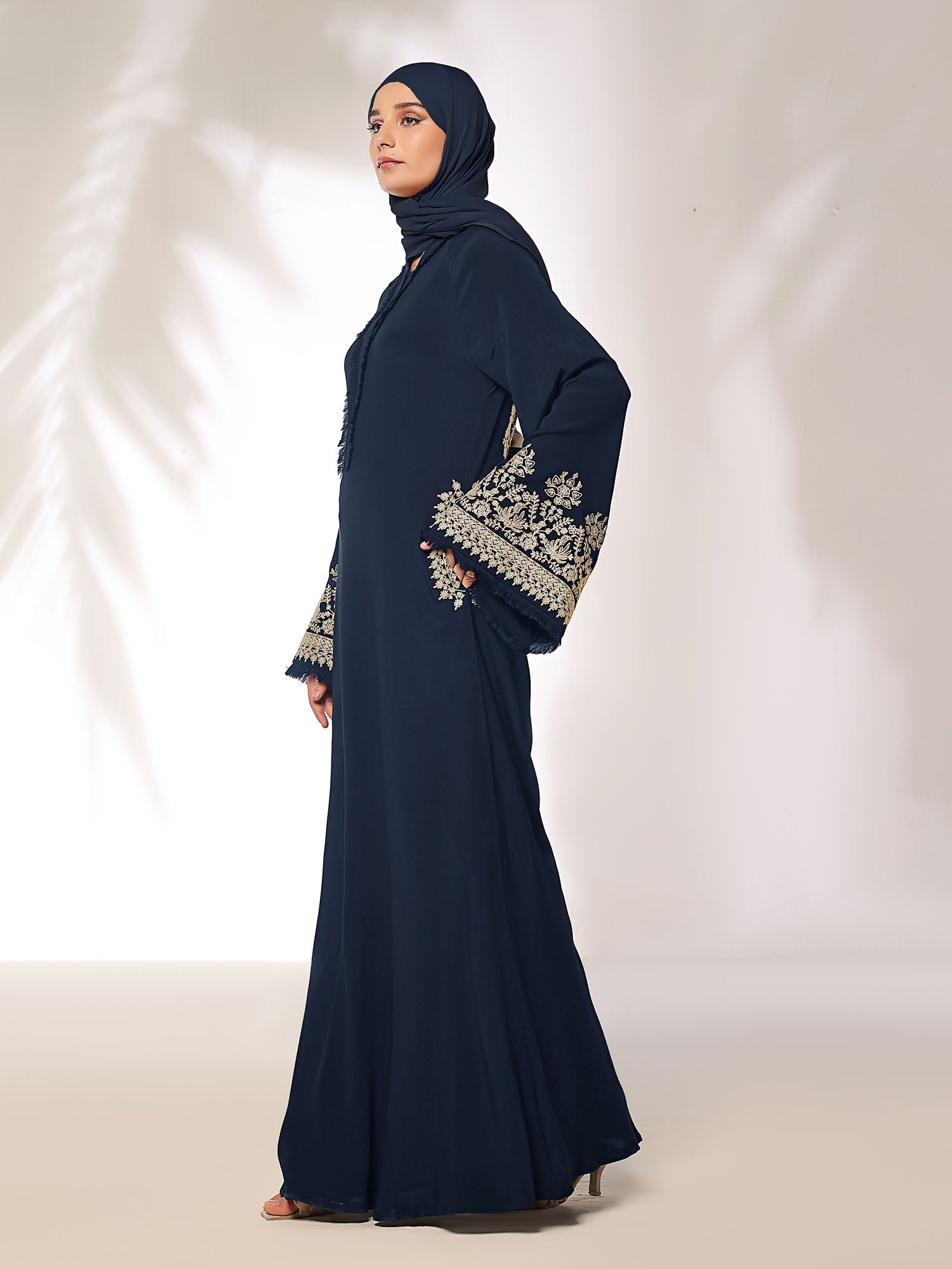 Spinzar Store - Stitched Blossoms Navy Abaya