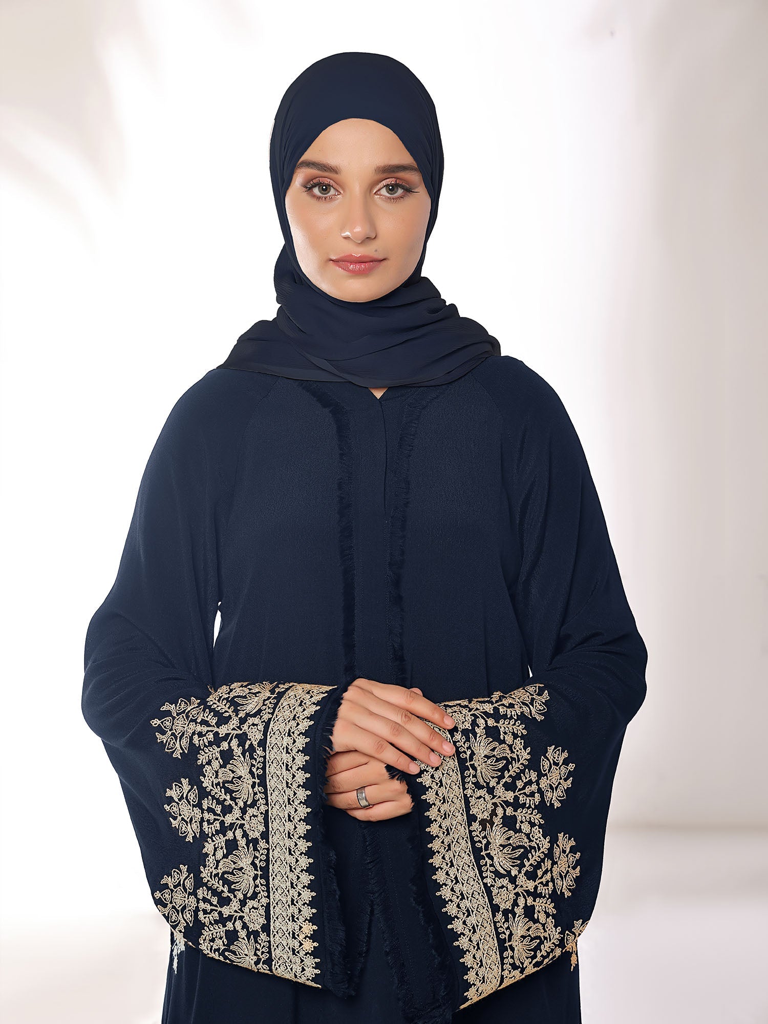 Spinzar Store - Stitched Blossoms Navy Abaya